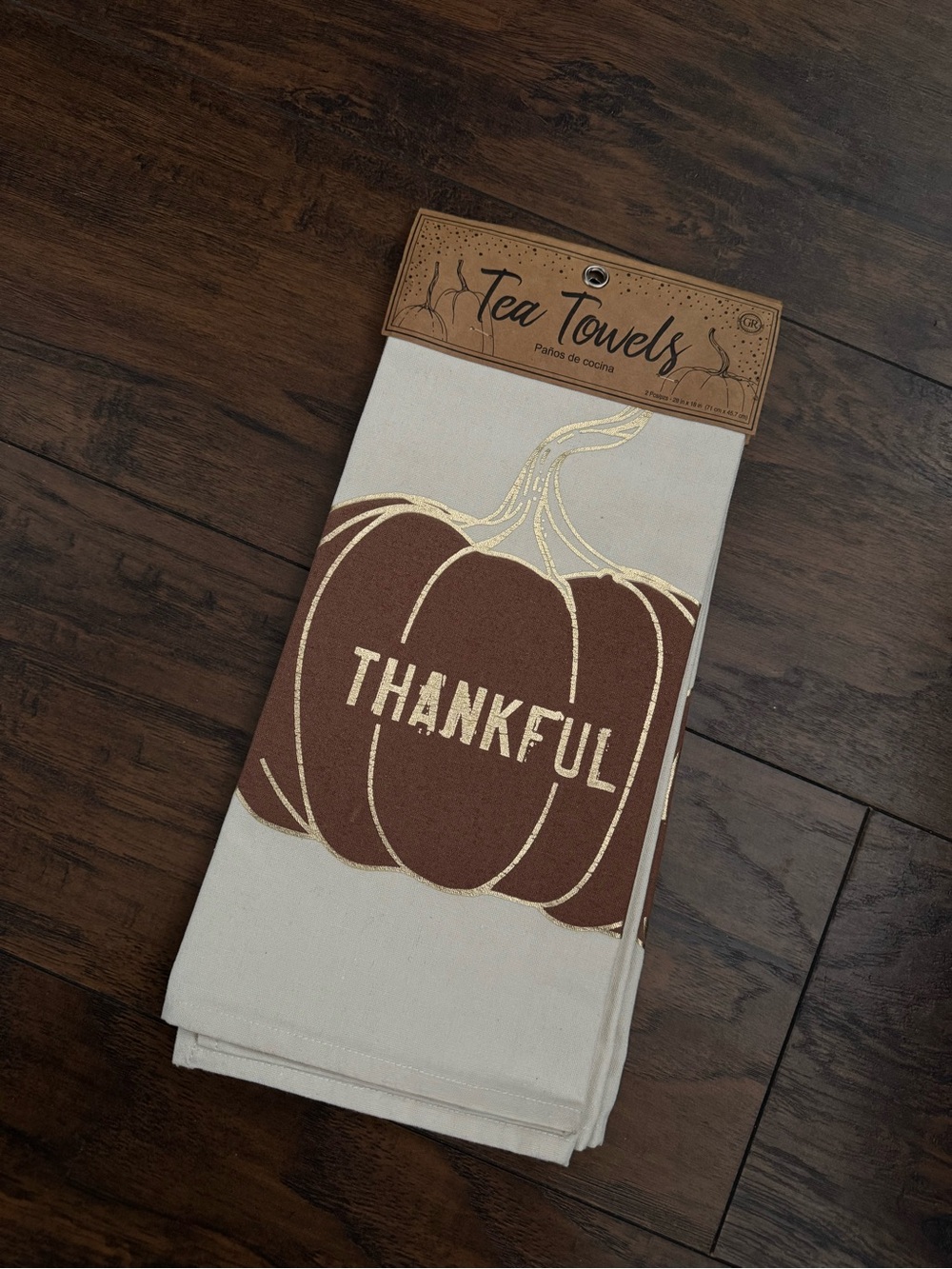 2pcs Thankful & Gather Together Pumpkin Tea Towels - Brown & Gold